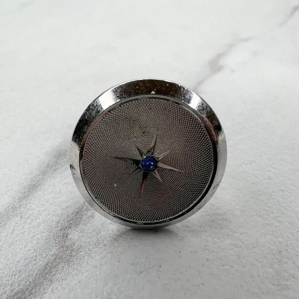 Vintage Silver Tone Blue Rhinestone Round Single Cufflink
